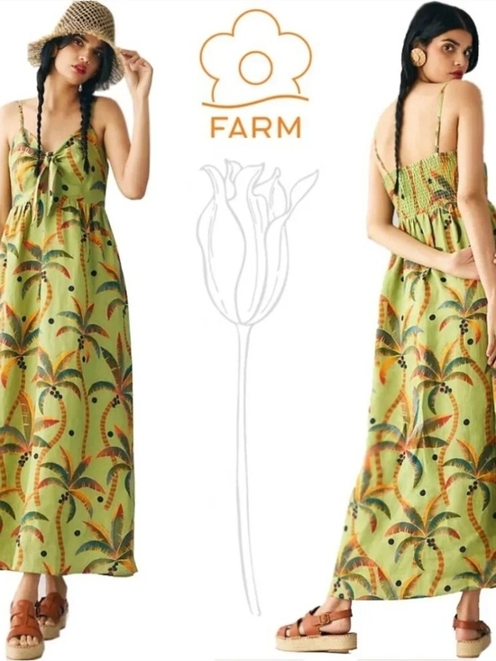 FARM Rio Dresses & Skirts - FARM Rio 100% Linen Palm-Print Maxi Dress with Smocked Back and Spaghetti Straps